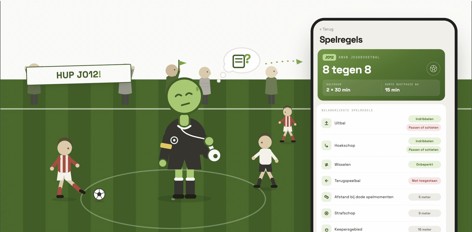 Een vader staat ongemakkelijk op het veld met een fluit in zijn hand, terwijl ouders langs de kant staan te kijken.