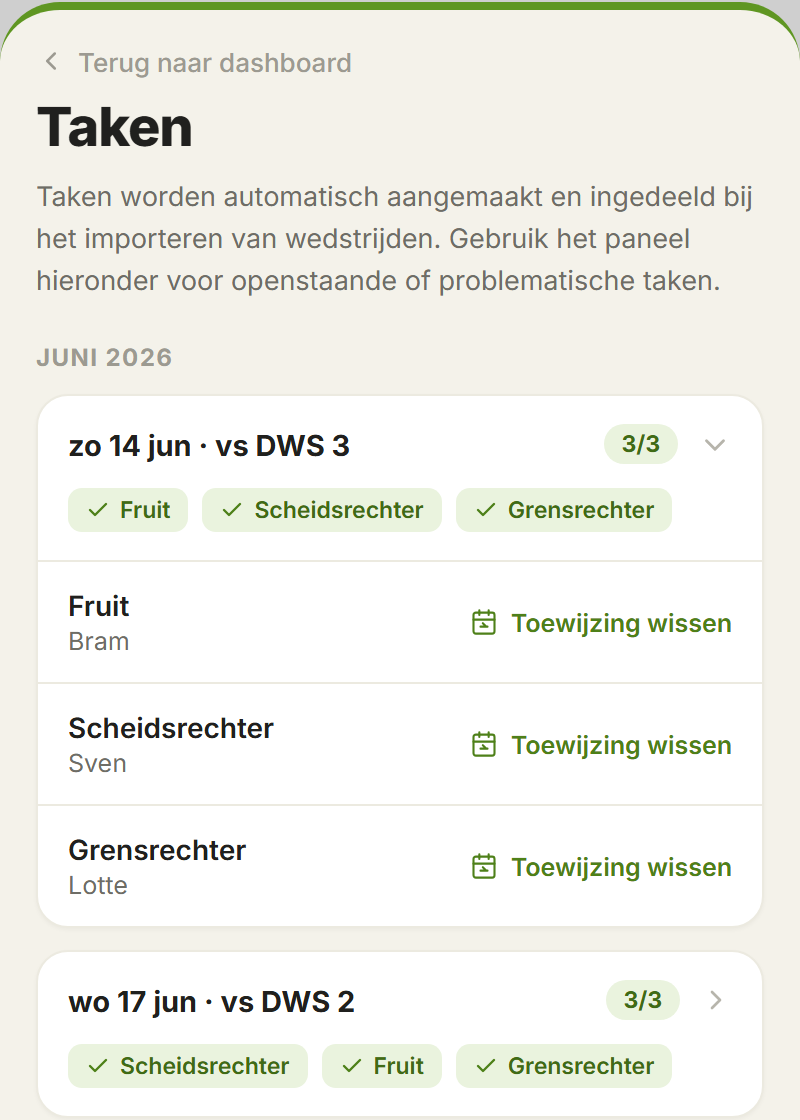 Overzicht van automatisch toegewezen taken per wedstrijd