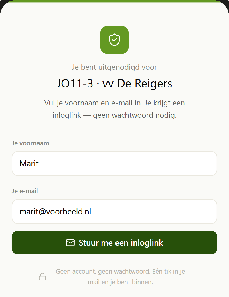 Een ouder opent de uitnodigingslink en vult zelf een mailadres in om toegang te krijgen
