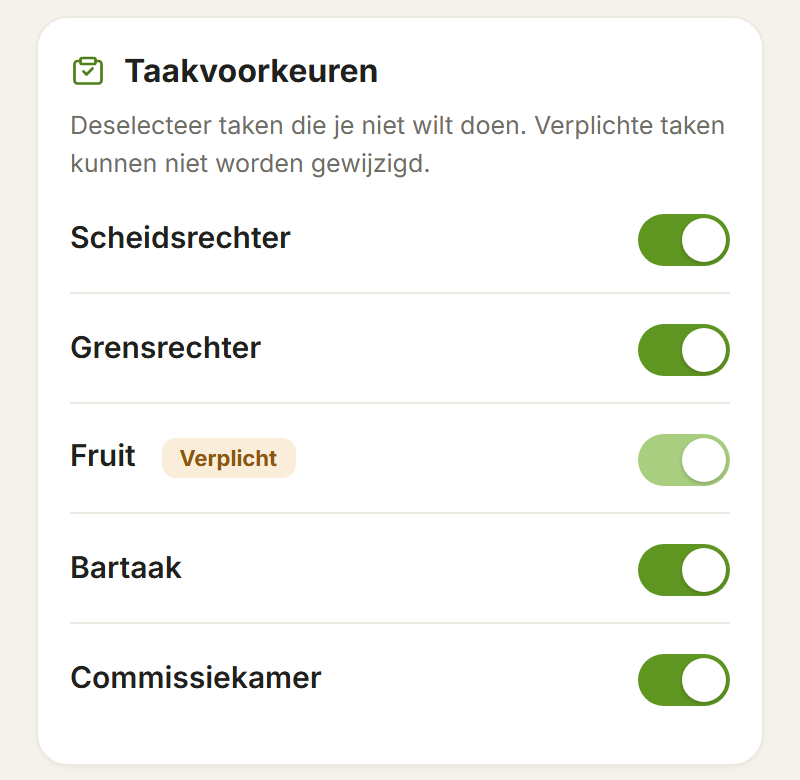 Voorkeurenscherm waarin een ouder per taak een schakelaar aan of uit zet, met een verplichte taak die vaststaat