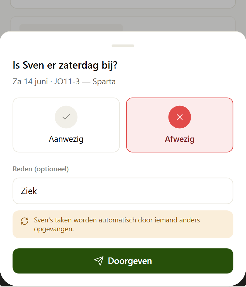 Een ouder geeft door dat hun kind afwezig is, met de melding dat de taken automatisch worden overgenomen
