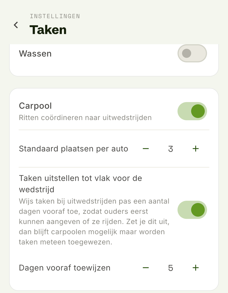 Instellingen voor taken met carpool, het uitstellen van taken bij uitwedstrijden en het aantal dagen vooraf