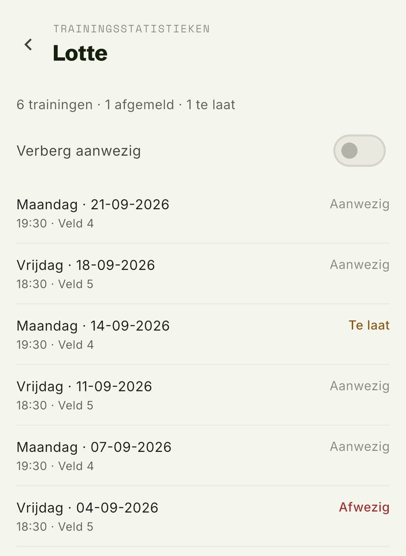Trainingsoverzicht van een speler met per training aanwezig, te laat of afwezig