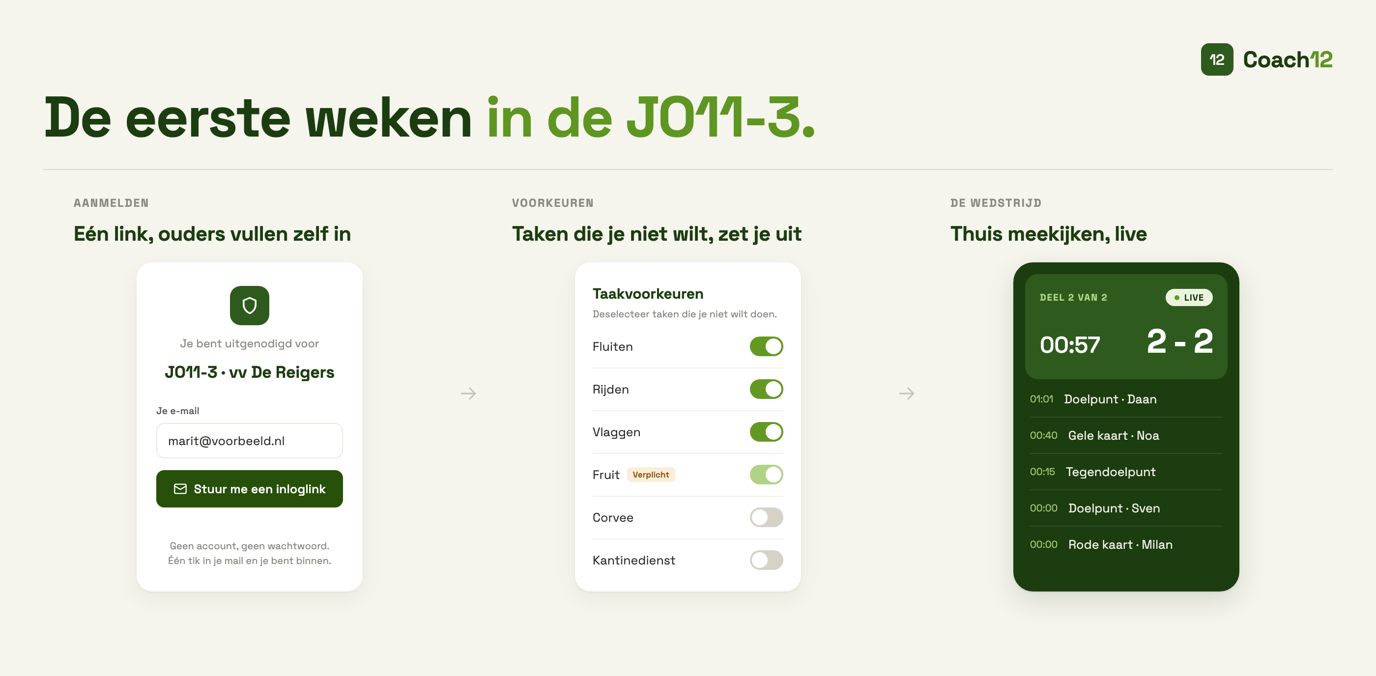 Een teamapp waarin ouders hun voorkeuren en beschikbaarheid invullen, met daarnaast een rustige groepsapp en een live wedstrijdscherm.
