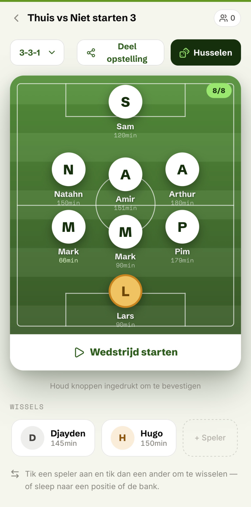 Visual line-up on a pitch with formation presets and the Shuffle button