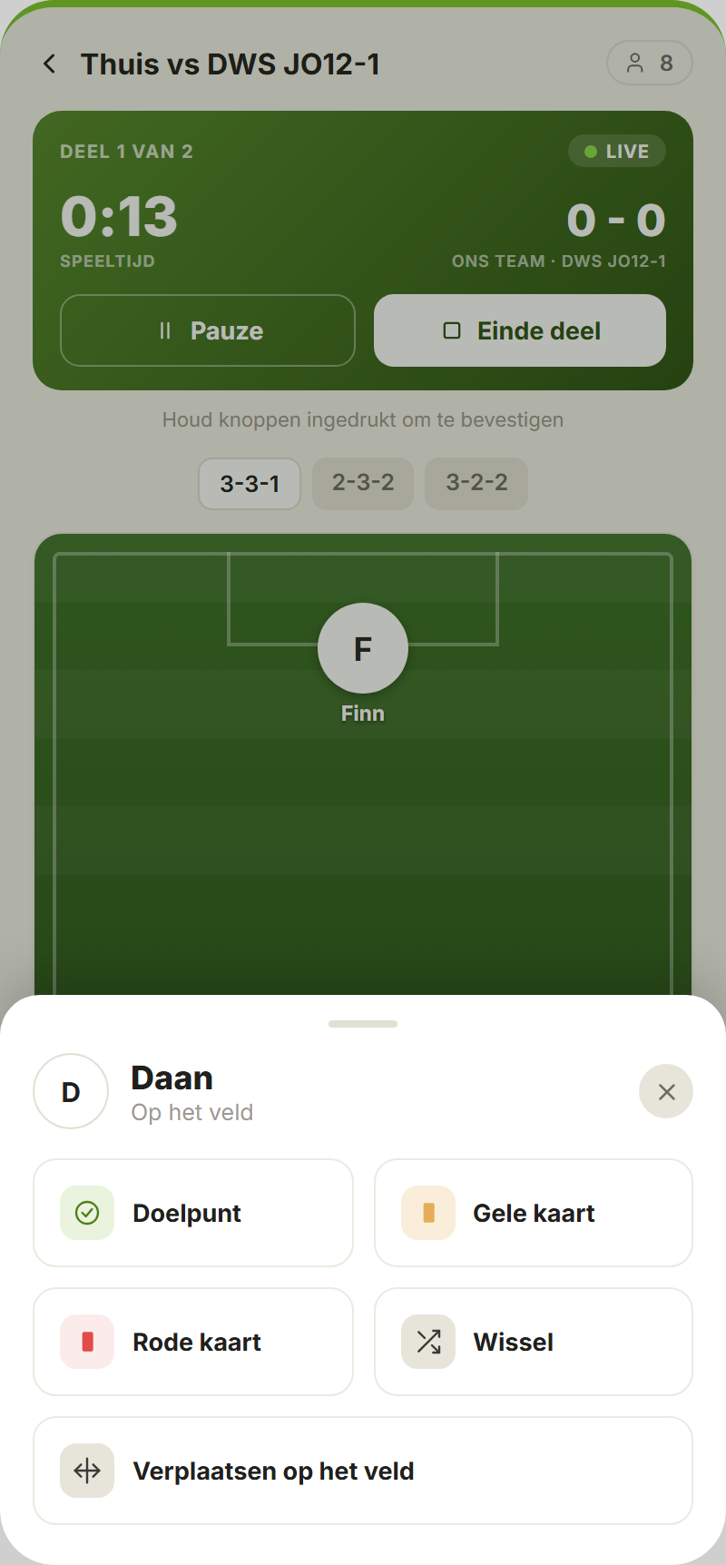 Tap-a-player action sheet: goal, yellow card, red card, sub and shot