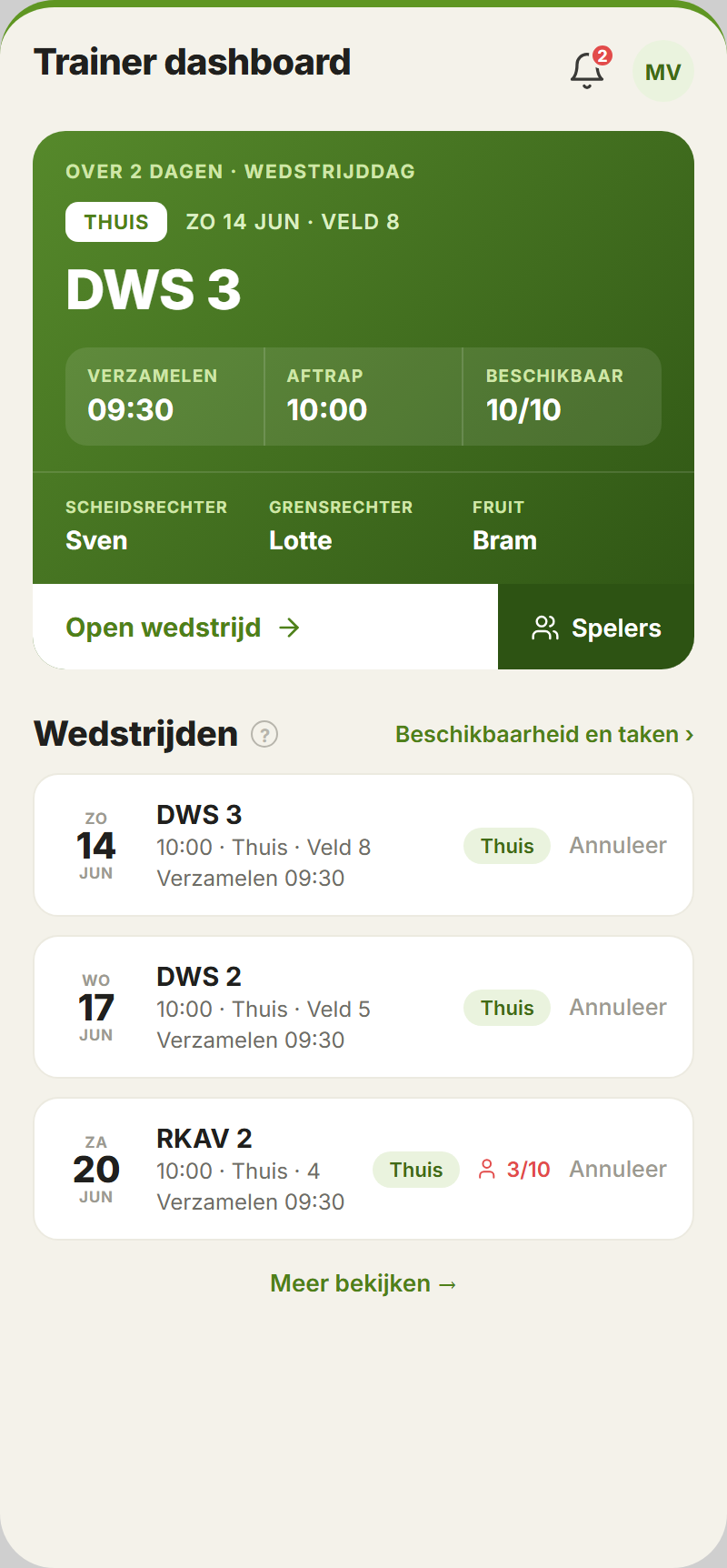 Coach dashboard: next match, next training and access to live statistics