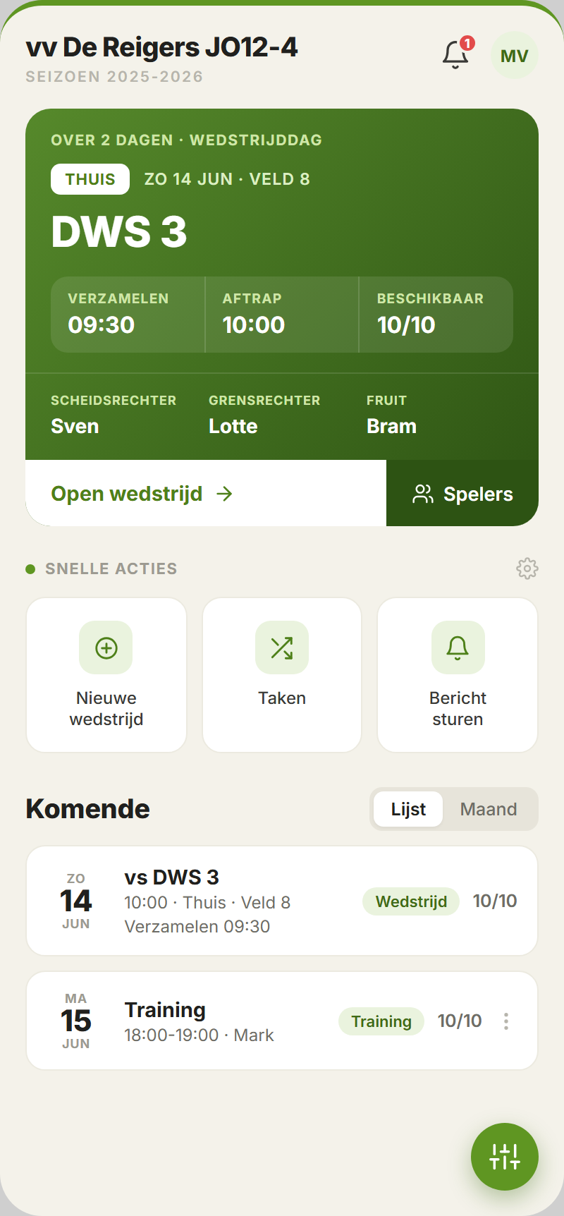 Manager dashboard: next match, duties and who's driving at a glance