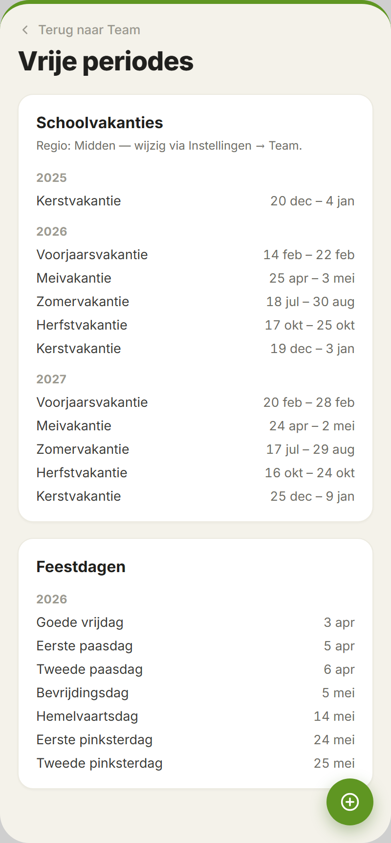 Automatically imported school holidays and public holidays per region