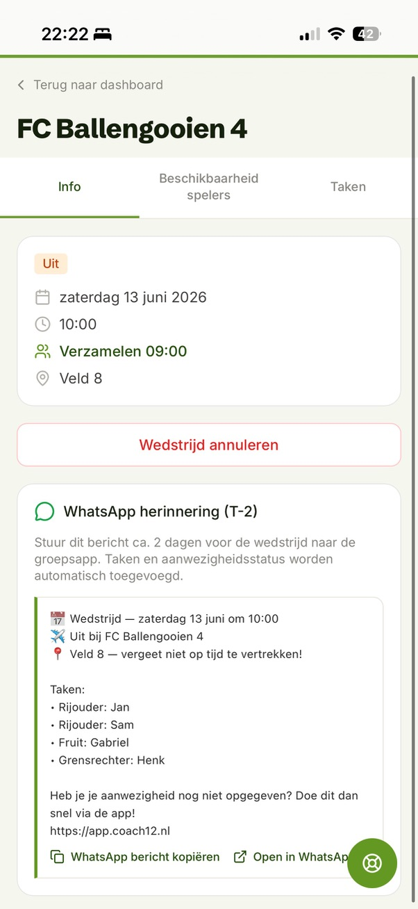 Ready-made WhatsApp reminder with the match and duties to send straight to the group chat