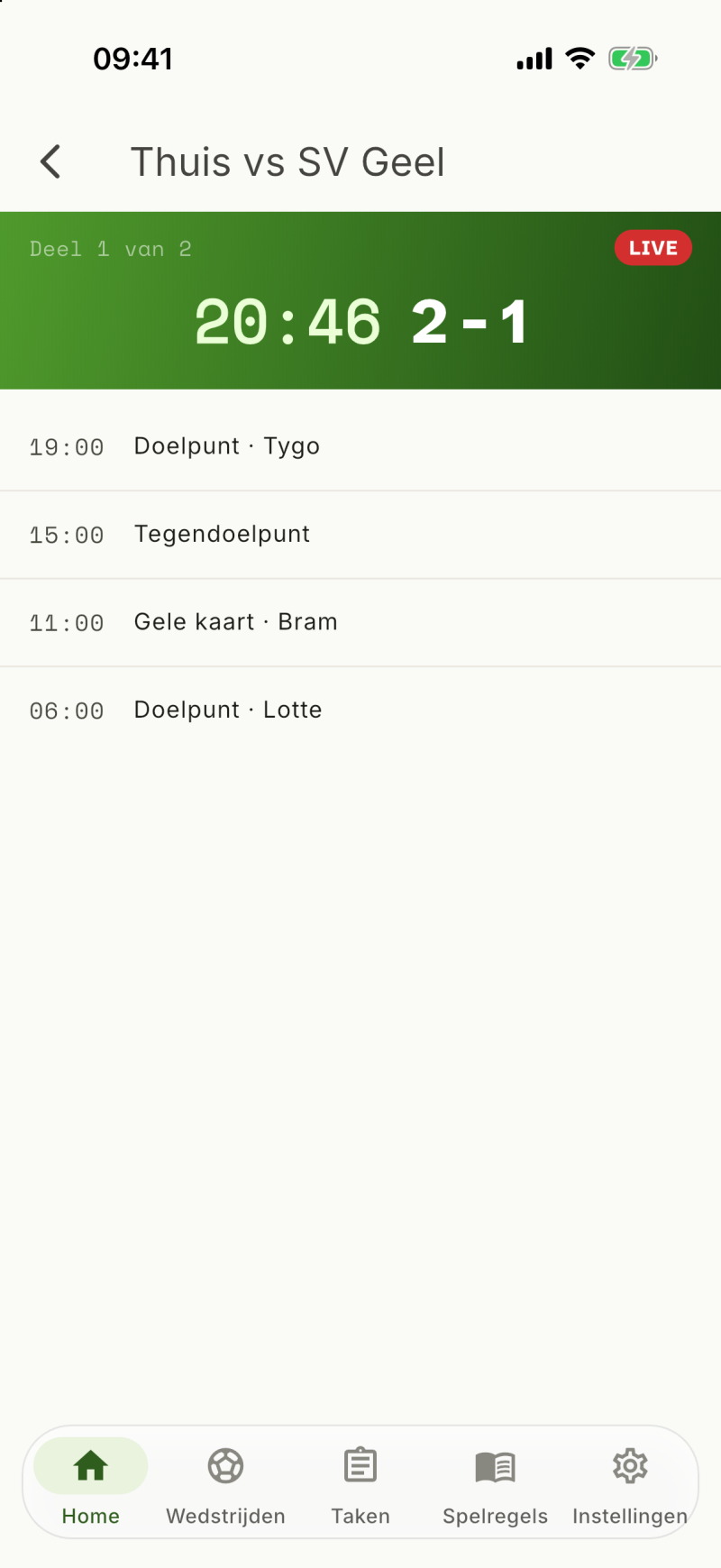 Wedstrijd live volgen: stand, speeltijd en doelpunten terwijl je kind speelt